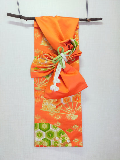 タペストリー 赤橙 扇子亀甲 模造刀刀壁掛け 創作掛け軸  帯アート 和風インテリア Tapestry F02