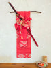タペストリー  赤 正絹 名古屋帯 模造刀刀壁掛け 創作掛け軸  帯アート 和風インテリア Tapestry N02