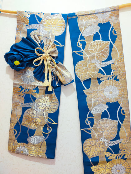 タペストリー テーブルランナーの2点セット 藍金 菊 吉祥文様 正絹 模造刀刀壁掛け 創作掛け軸  帯アート 和風インテリア Tapestry F07