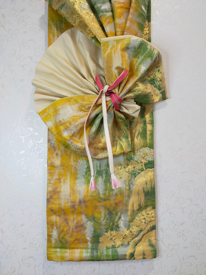 タペストリー 山水画 緑金松 吉祥文様  模造刀刀壁掛け 創作掛け軸  和モダンインテリアObi Tapestry F14